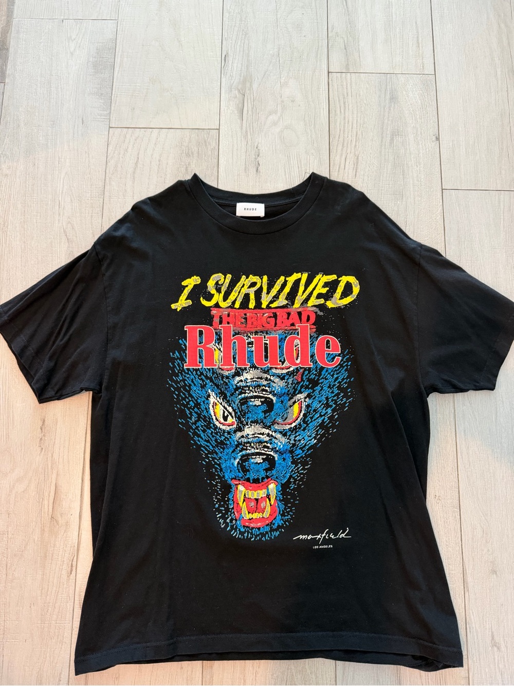 Rhude Black Graphic 'I Survived' Wolf Tee with Red Logo